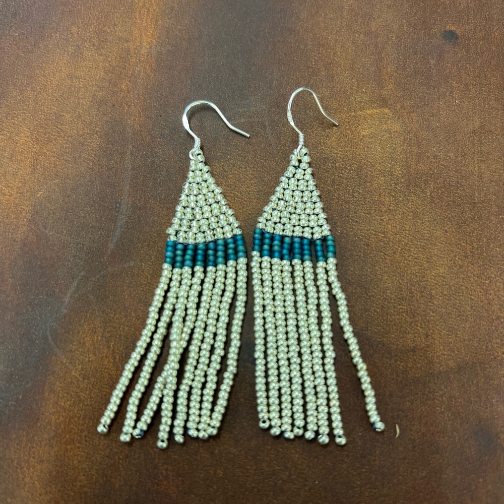 Beaded Fringe Earrings Teal & Gold!